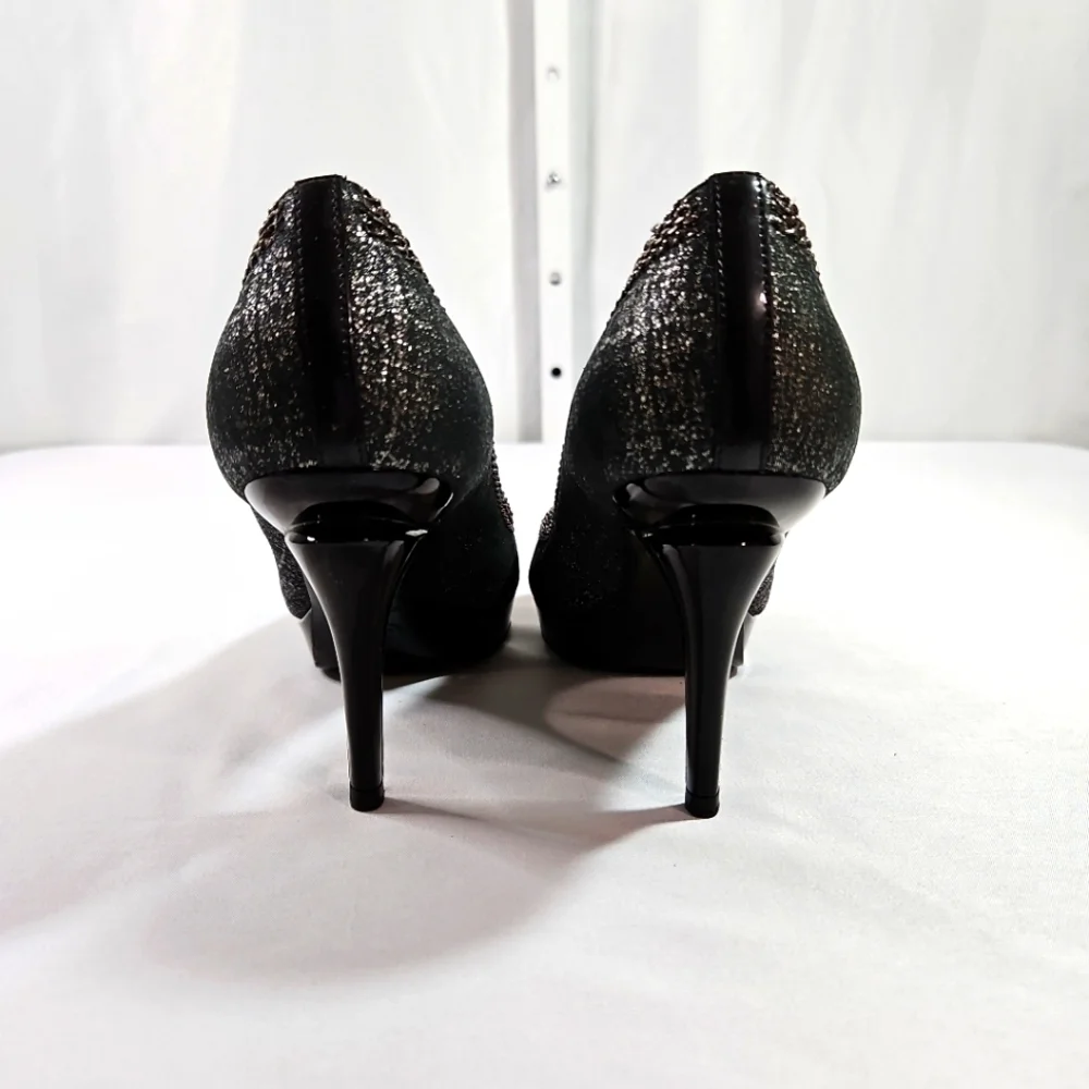 Chanel Black/Silver Suede & Black Patent Leather Platform Heels